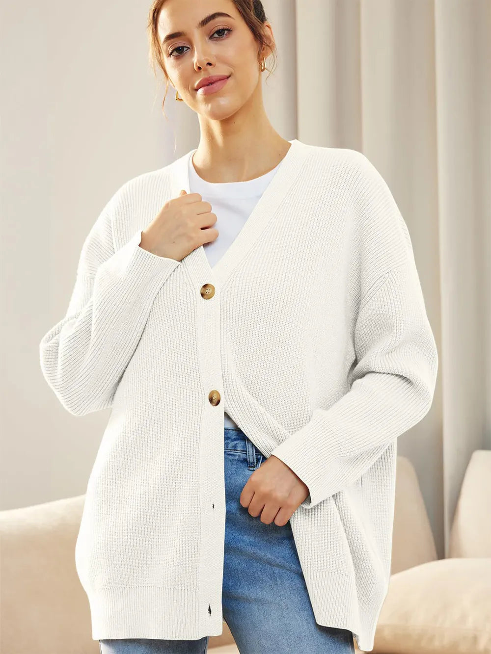 Button Down V-Neck Long Sleeve Cardigan White Fitggins
