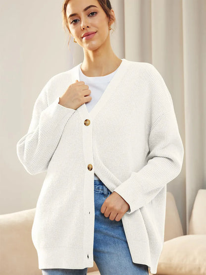 Button Down V-Neck Long Sleeve Cardigan White Fitggins