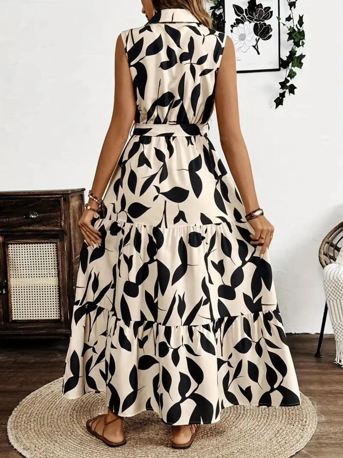 Printed Tie Waist Sleeveless Maxi Dress Fitggins