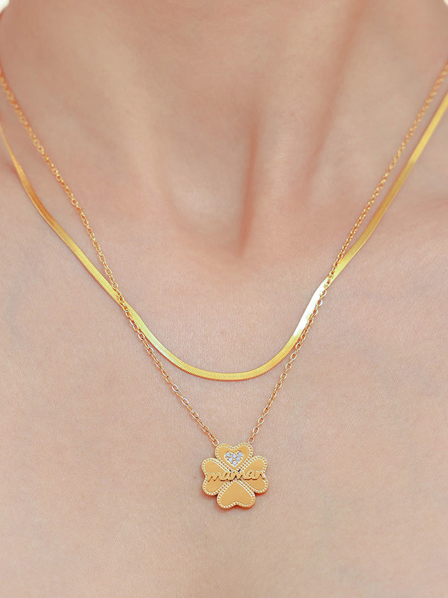 2 Piece 18K Gold-Plated Inlaid Zircon Lucky Clover Necklace - Necklaces - FITGGINS