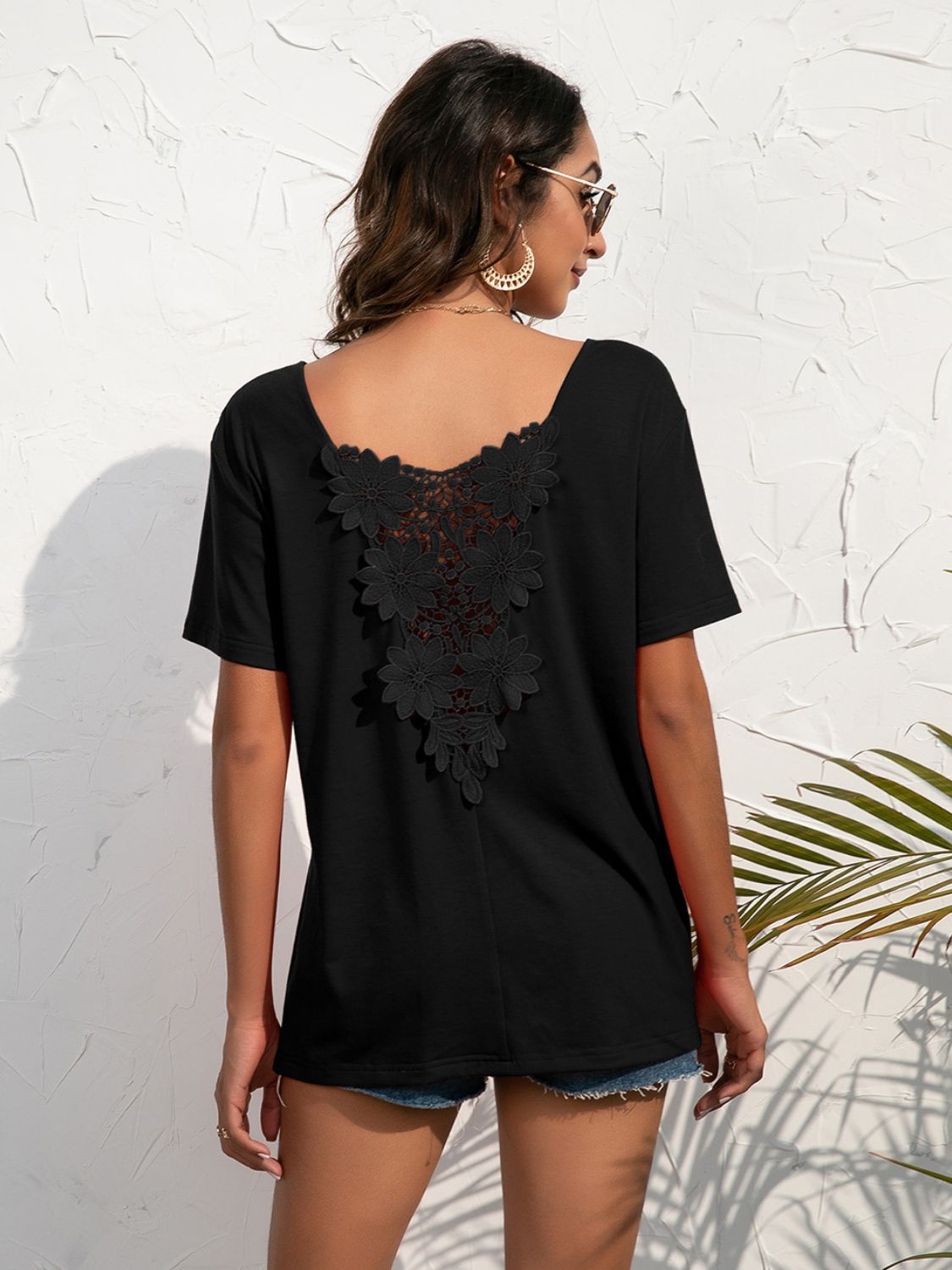 Ivy Lane Lace Trim Short Sleeve Top Black Fitggins