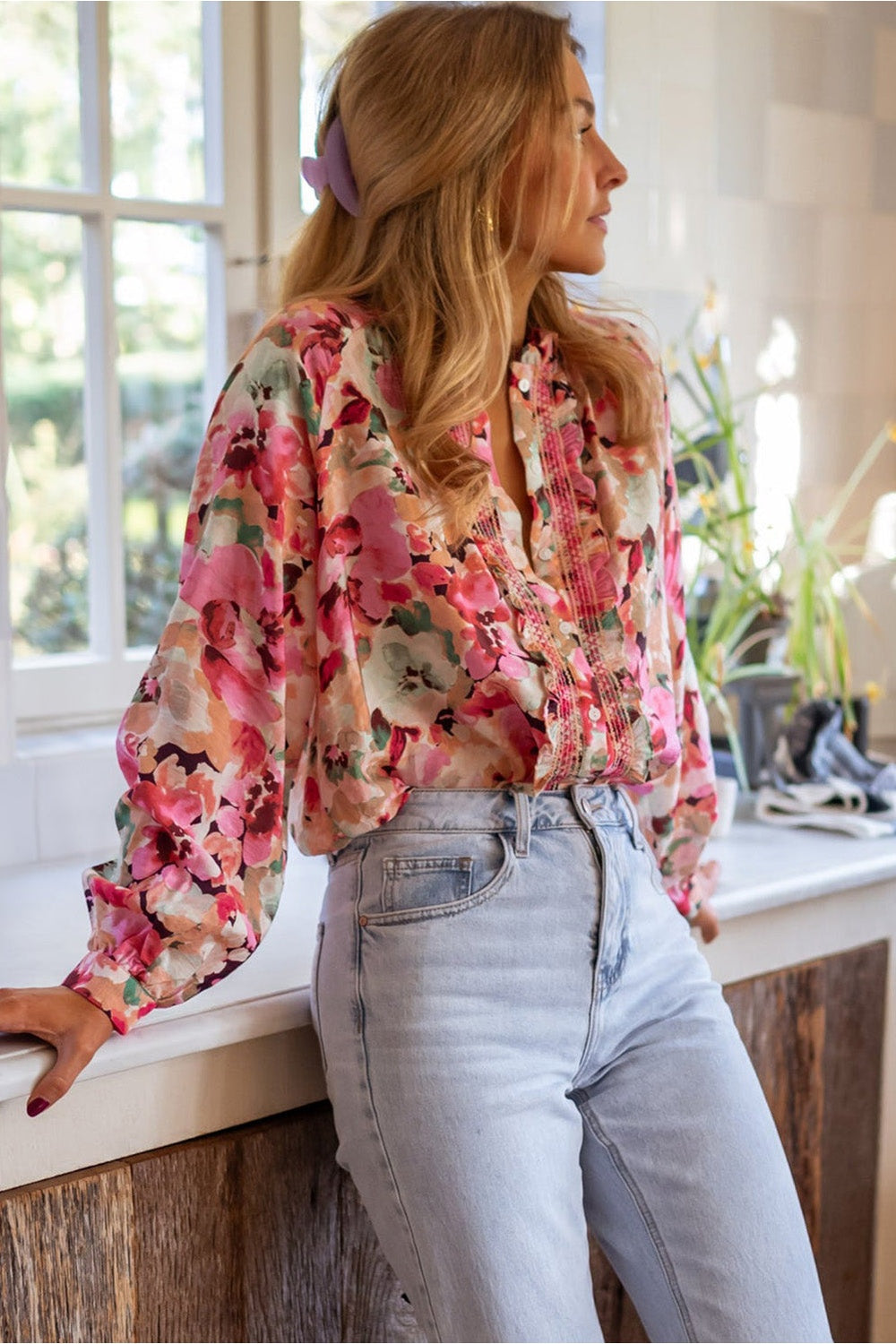 Frill Floral Long Sleeve Button Down Shirt Fitggins