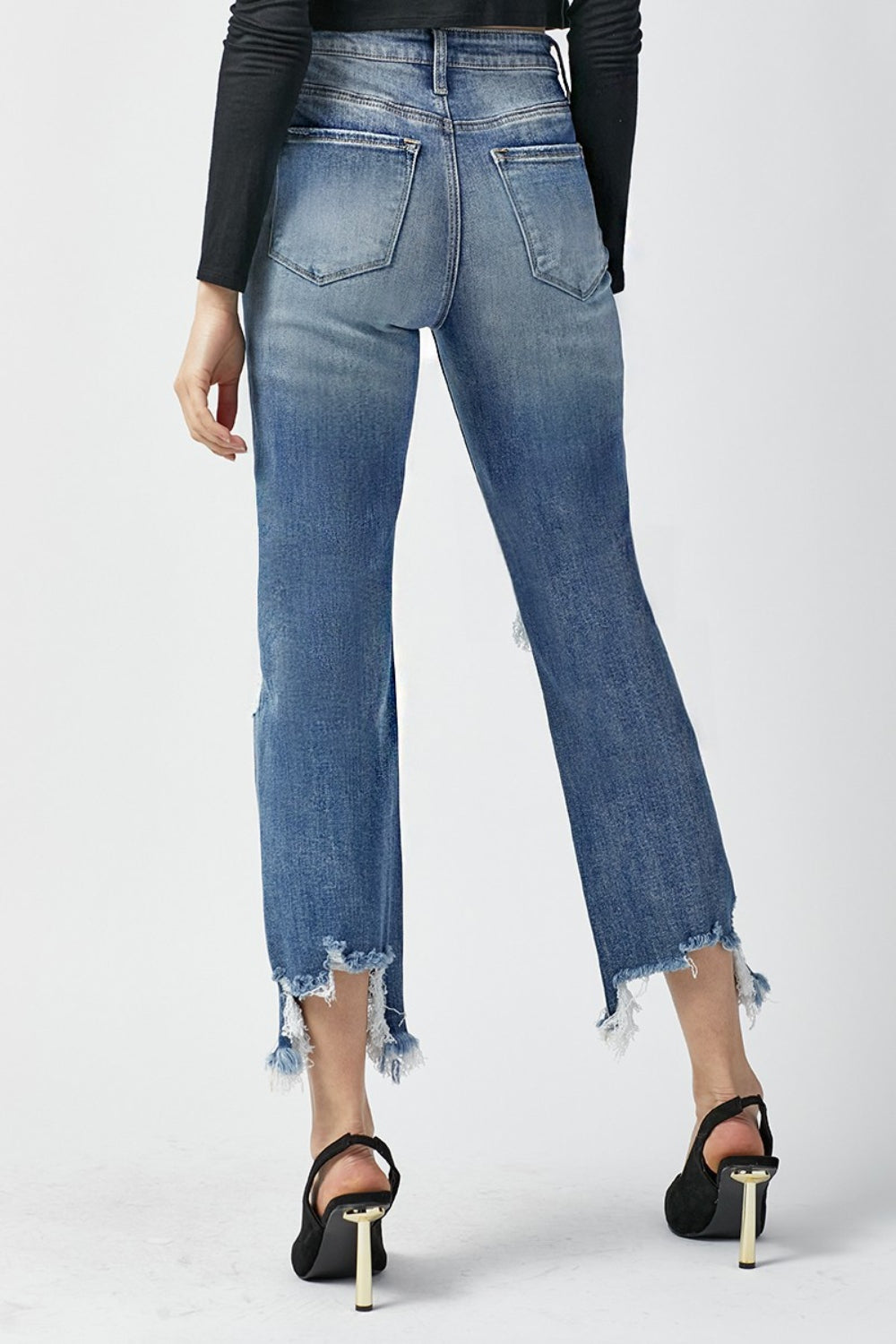 RISEN High Waist Distressed Frayed Hem Cropped Straight Jeans - Jeans - FITGGINS