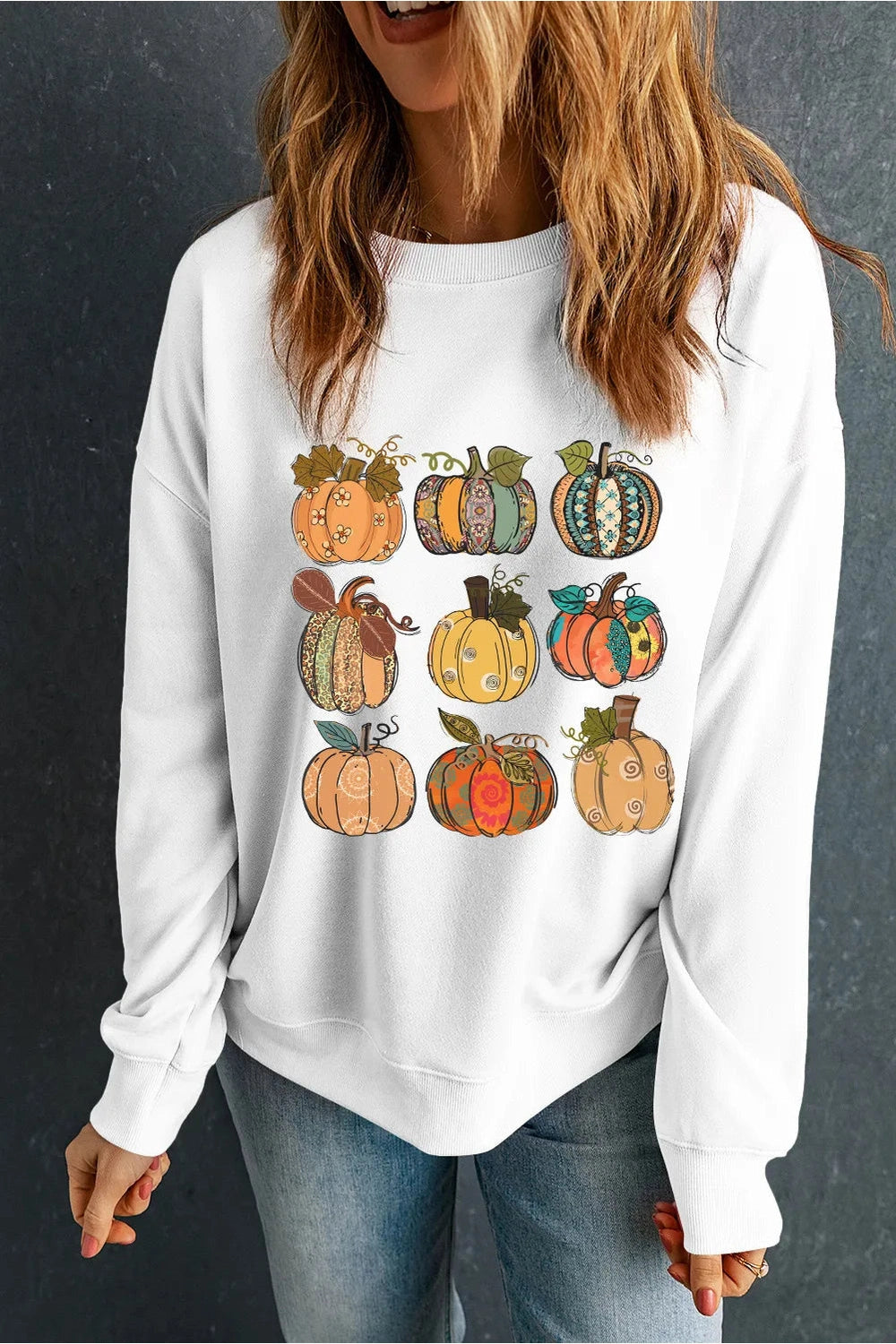 Pumpkin Graphic Long Sleeve Sweatshirt - Sweatshirts & Hoodies - FITGGINS