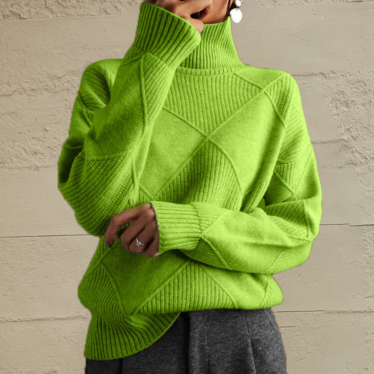 Geometric Turtleneck Long Sleeve Sweater Yellow-Green Fitggins