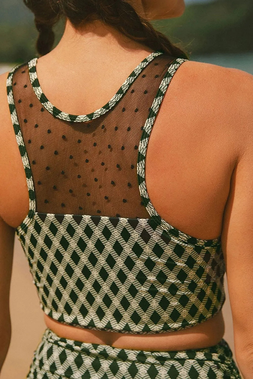 Dotted Mesh Plaid Patchwork High Waisted Swim Set Fitggins