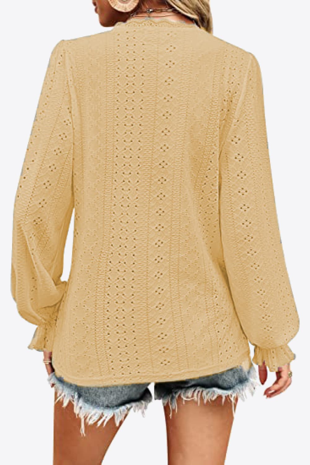 Eyelet V-Neck Flounce Sleeve Blouse Fitggins