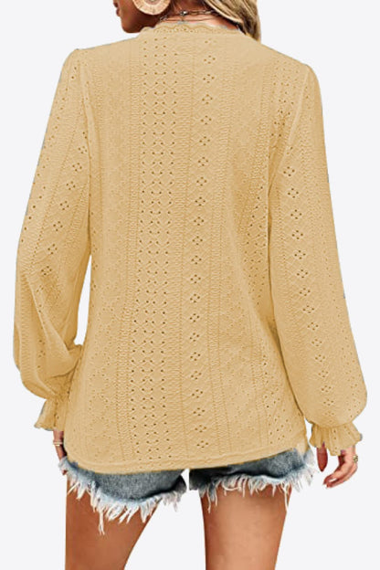 Eyelet V-Neck Flounce Sleeve Blouse Fitggins