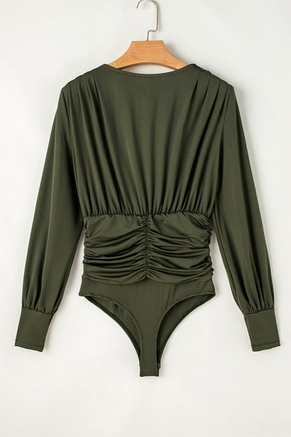 Ruched Surplice Long Sleeve Bodysuit - Bodysuit - FITGGINS