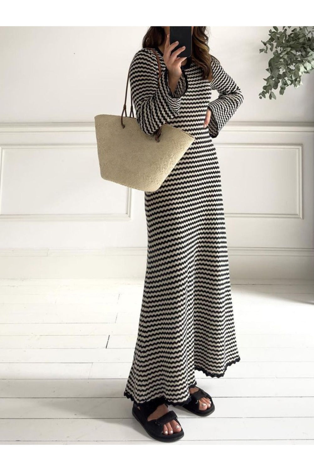 Devine Tied Round Neck Striped Sweater Dress - Sweater Dresses - FITGGINS