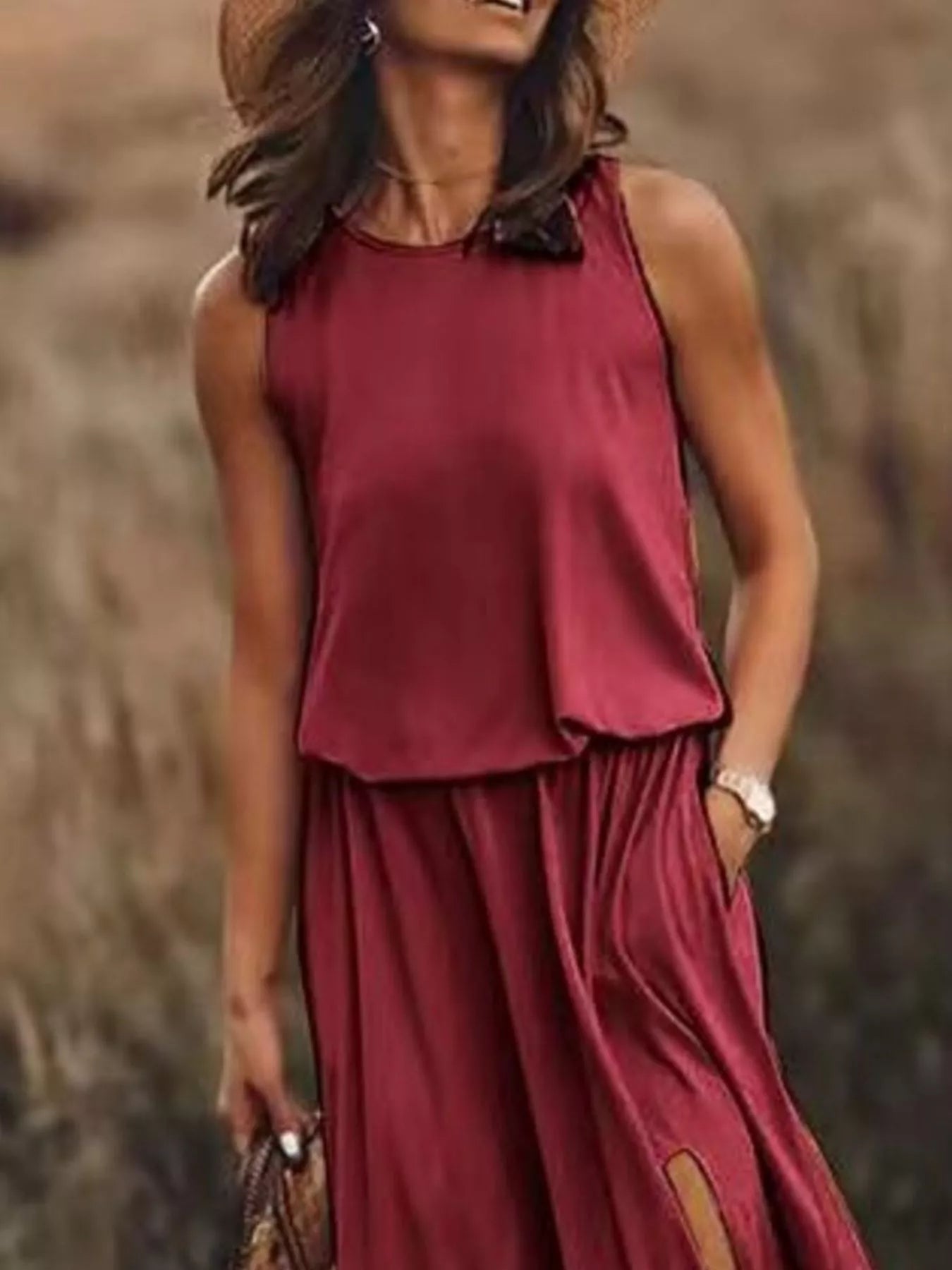 Full Size Round Neck Sleeveless Slit Maxi Dress Plus Size Fitggins