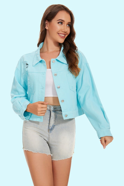 Distressed Distressed Button Up Denim Jacket - Denim Jackets - FITGGINS