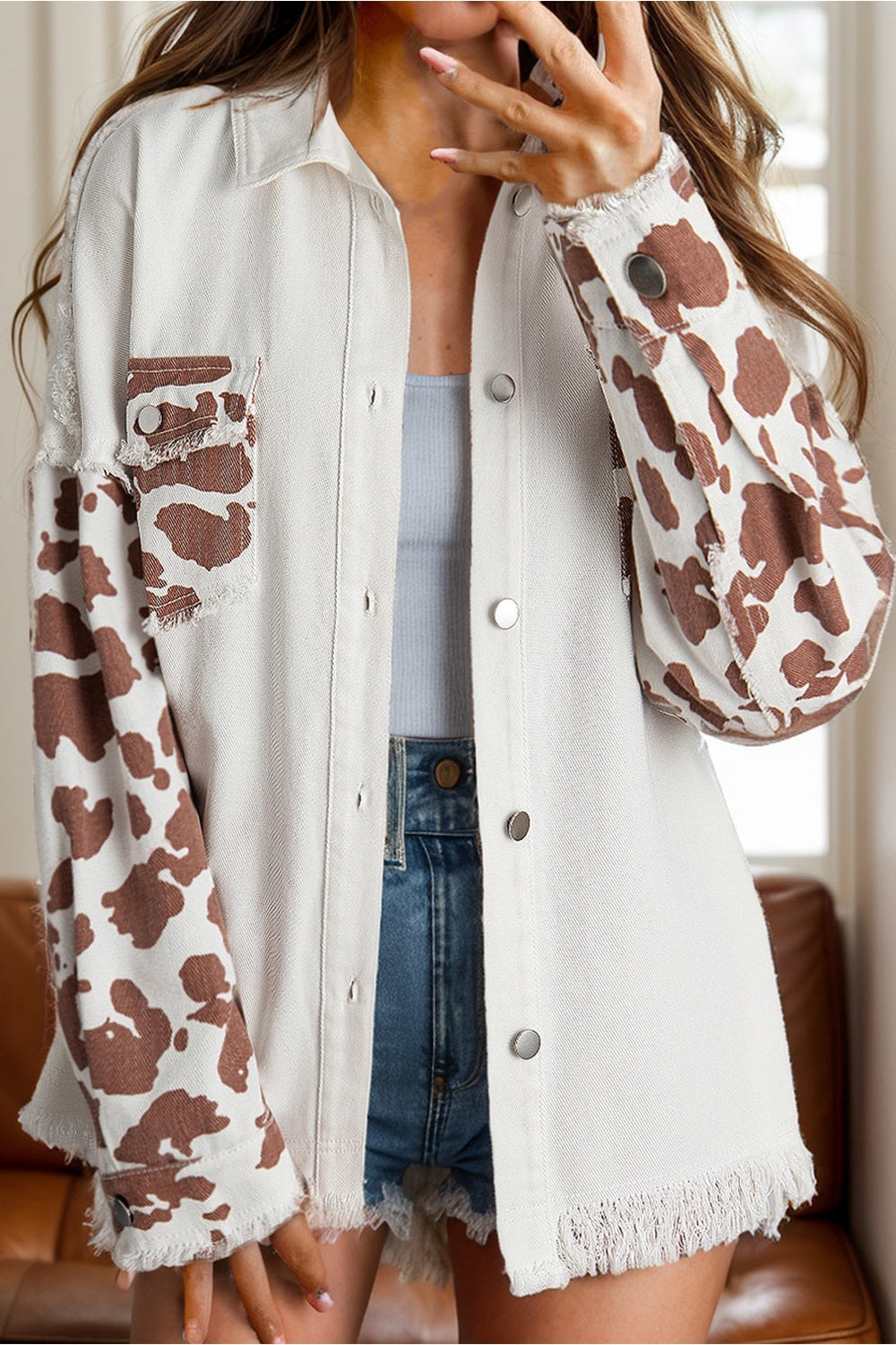 Raw Hem Animal Print Long Sleeve Denim Jacket - Denim Jackets - FITGGINS