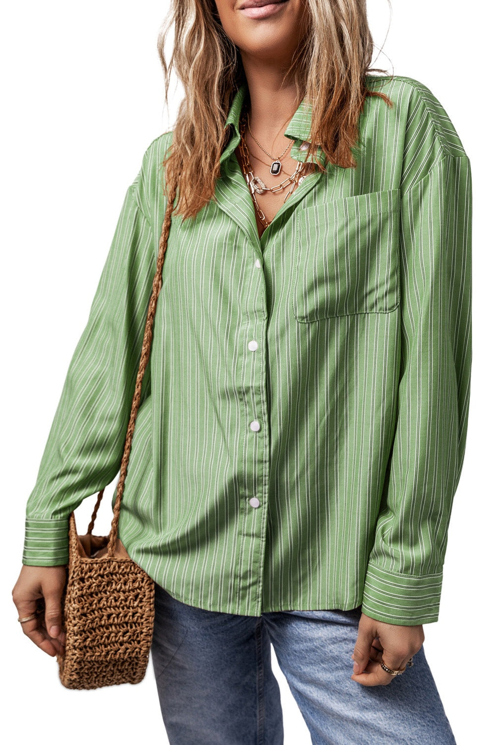 Striped Button Up Long Sleeve Shirt - Shirts - FITGGINS