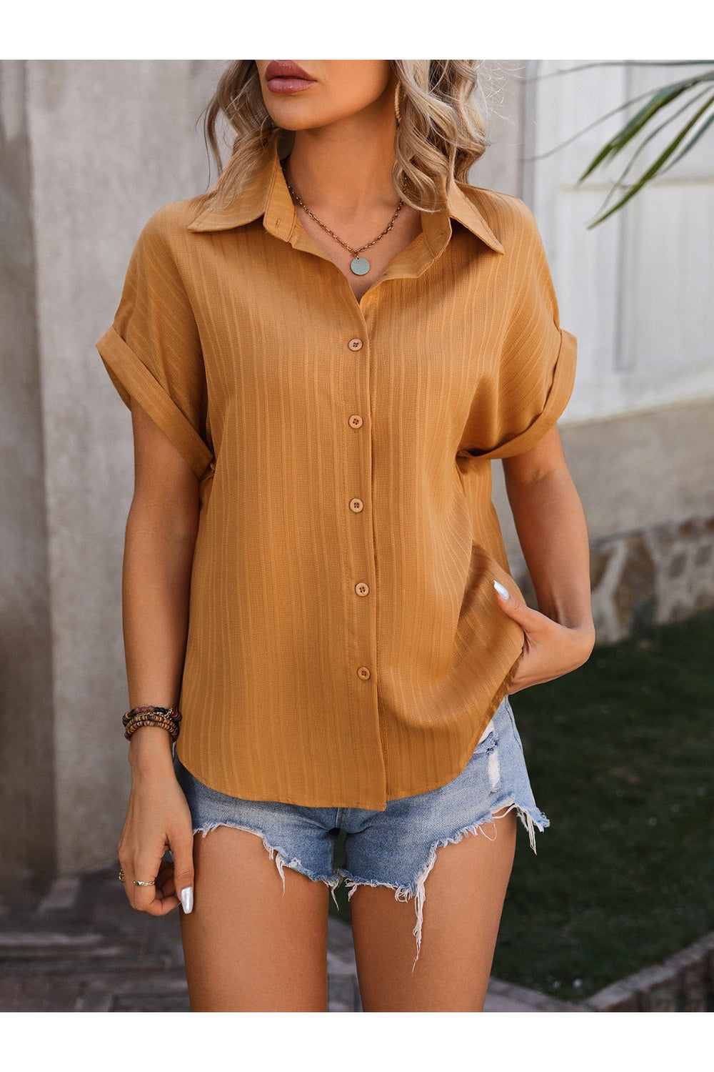 Mandy Textured Button Up Cap Sleeve Shirt - Shirts - FITGGINS