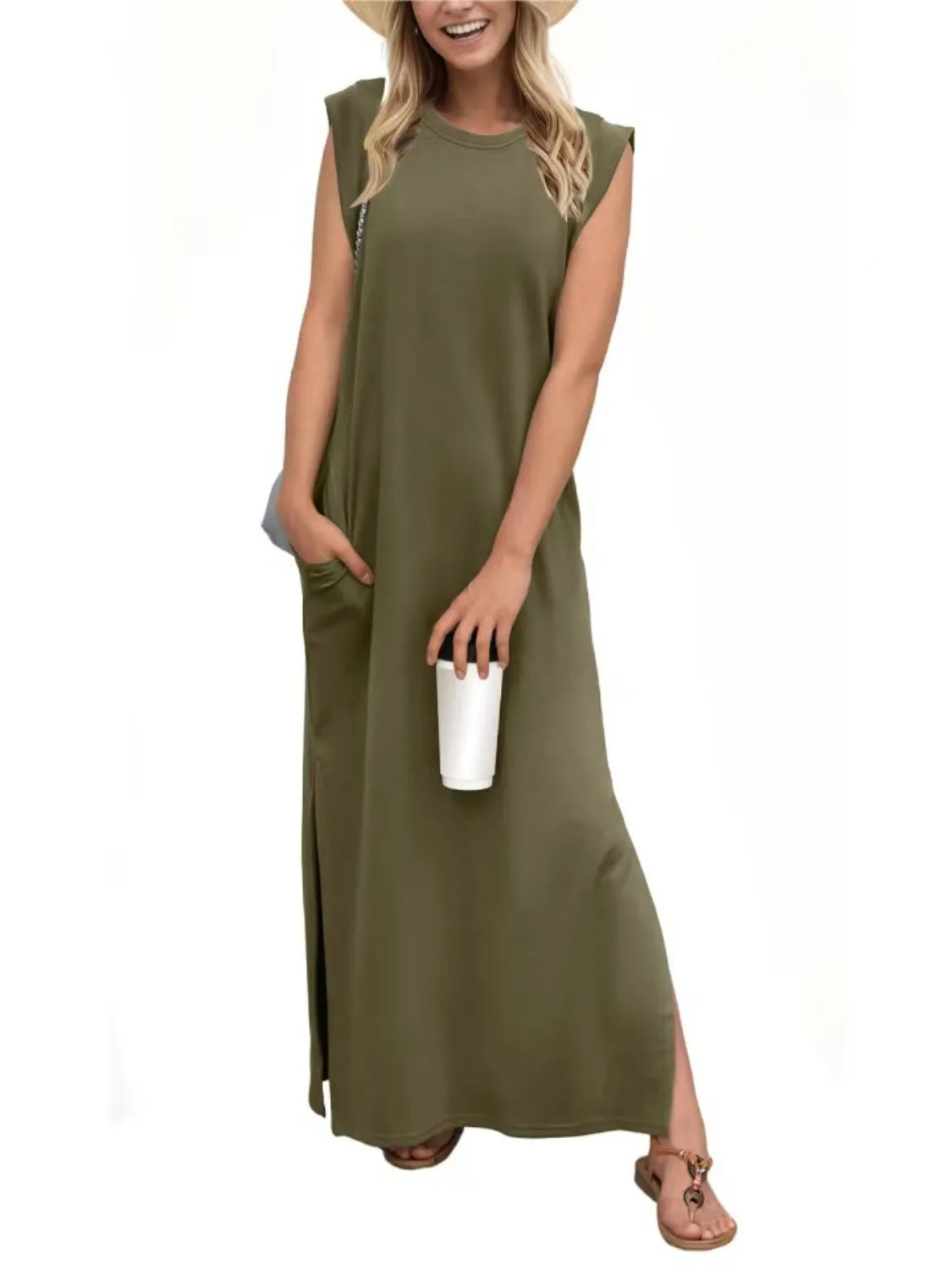 Full Size Slit Round Neck Sleeveless Maxi Tank Dress Plus Size Fitggins