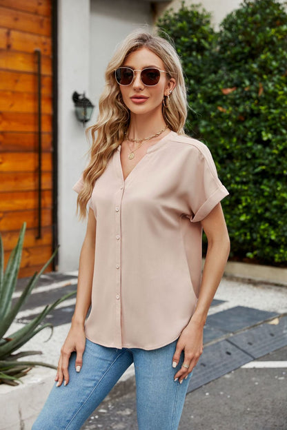 Notched Neck Cuffed Sleeve Shirt Fitggins
