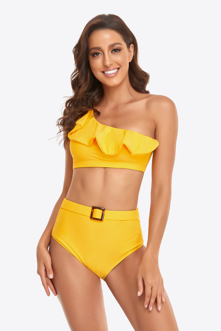 Ruffled One-Shoulder Buckled Bikini Set - Bikinis & Tankinis - FITGGINS
