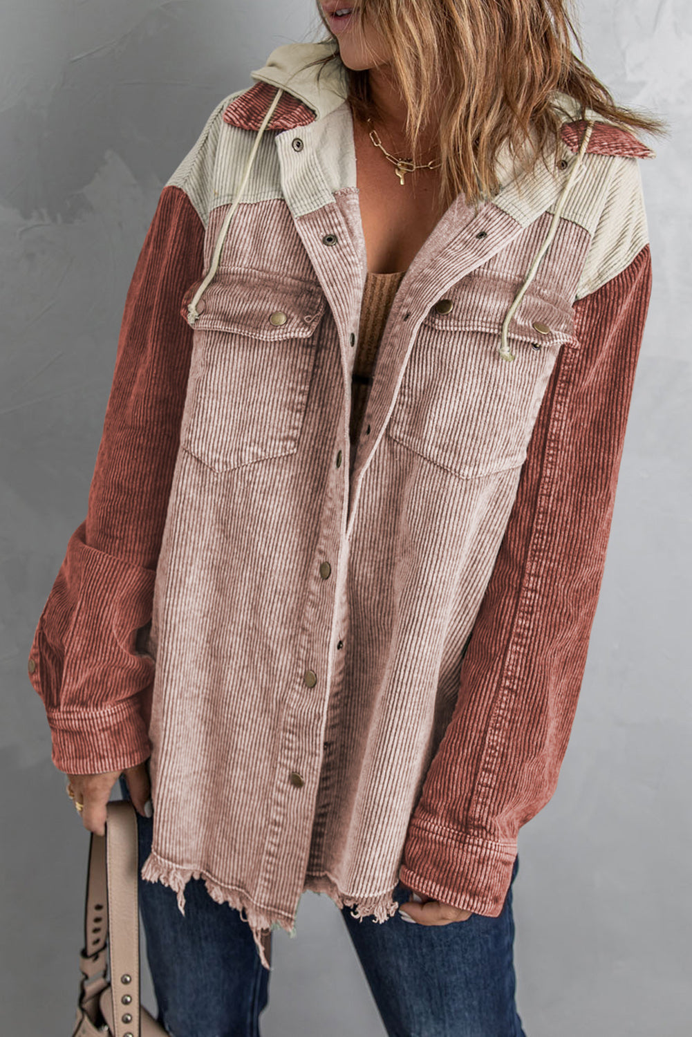 Snap Front Hooded Corduroy Shacket Blush Pink Fitggins