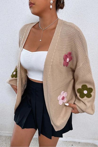 Floral Applique Drop Shoulder Open Front Cardigan - Cardigans - FITGGINS