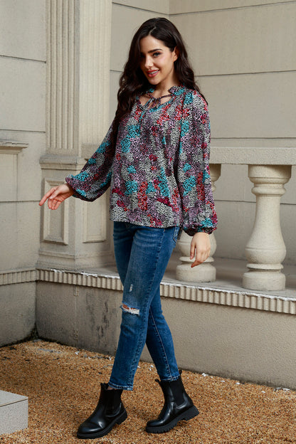 Tie Neck Heathered Balloon Sleeve Blouse Fitggins