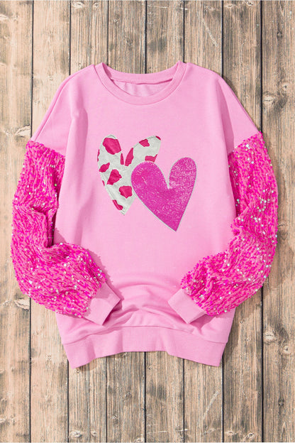 Valentine’s Day Sequin Heart Long Sleeve Sweatshirt - Sweatshirts & Hoodies - FITGGINS