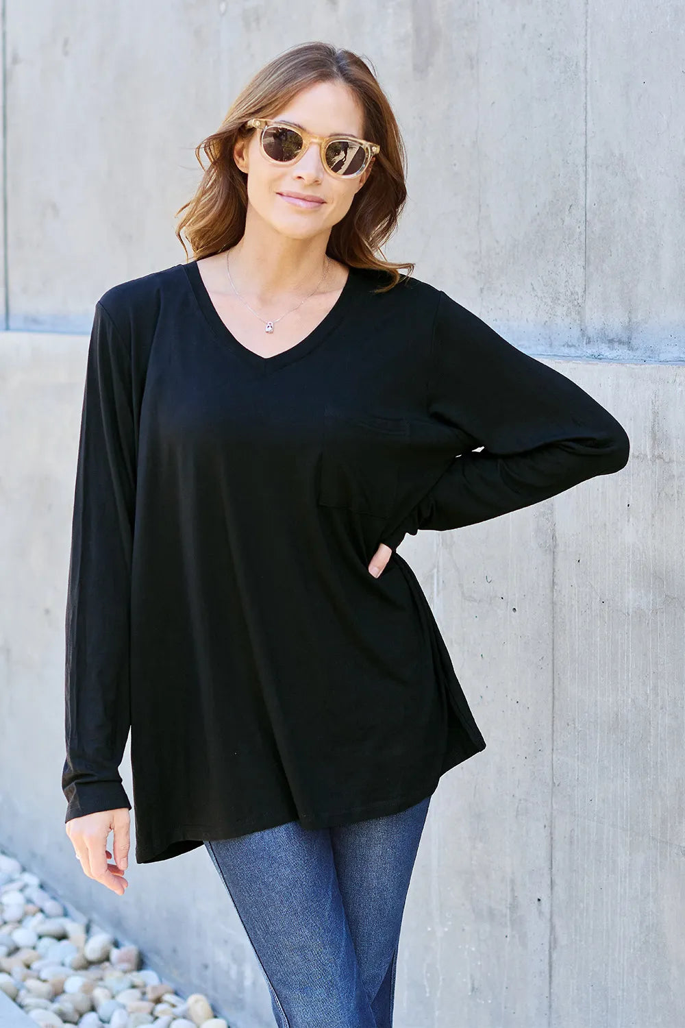 Basic Bae Full Size V-Neck Long Sleeve Top Black Fitggins