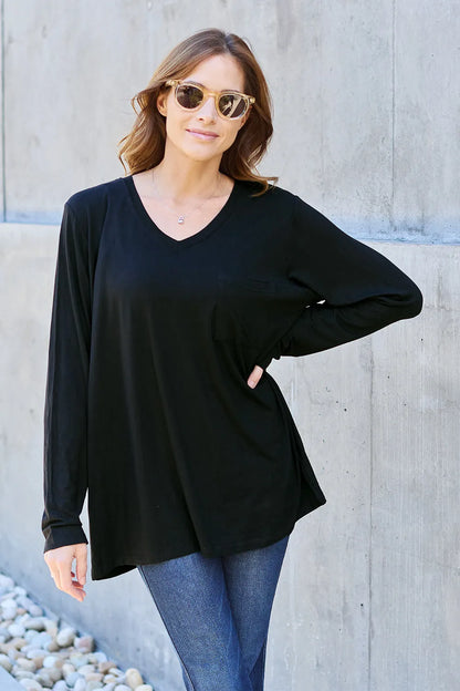 Basic Bae Full Size V-Neck Long Sleeve Top Black Fitggins