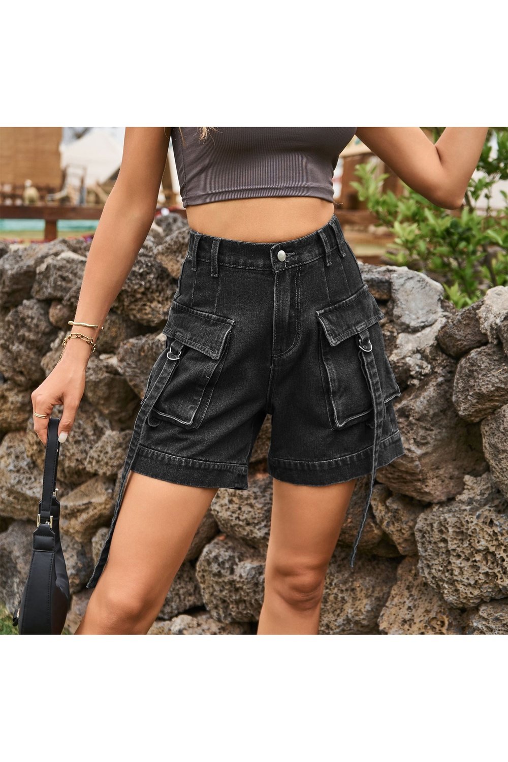 High Waist Denim Cargo Shorts - Denim Shorts - FITGGINS