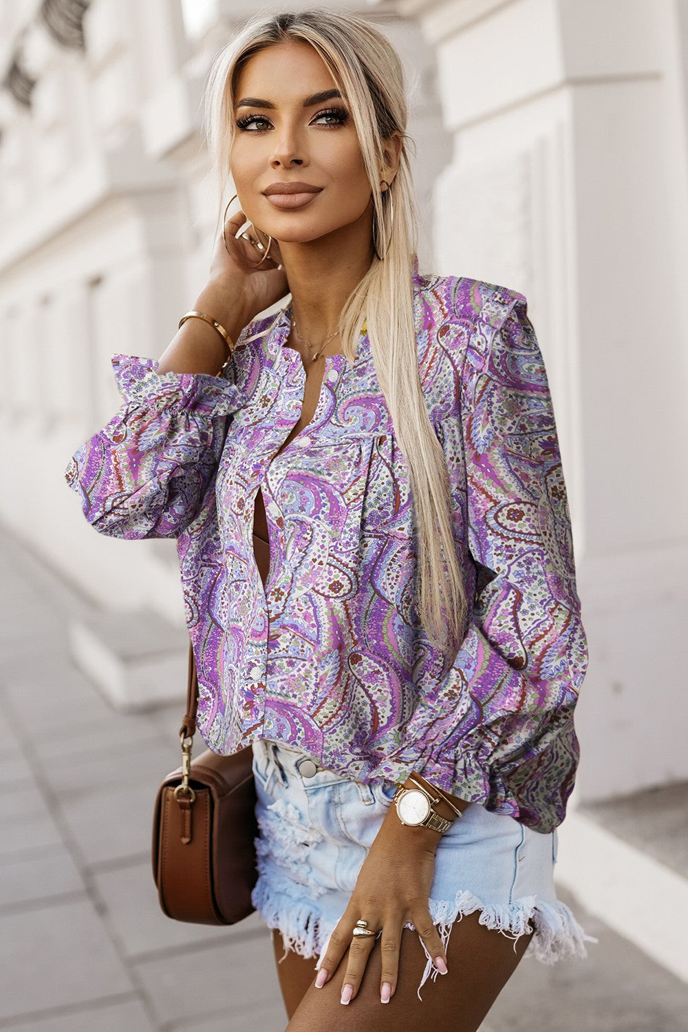 Printed Frill Flounce Sleeve Shirt - Shirts - FITGGINS