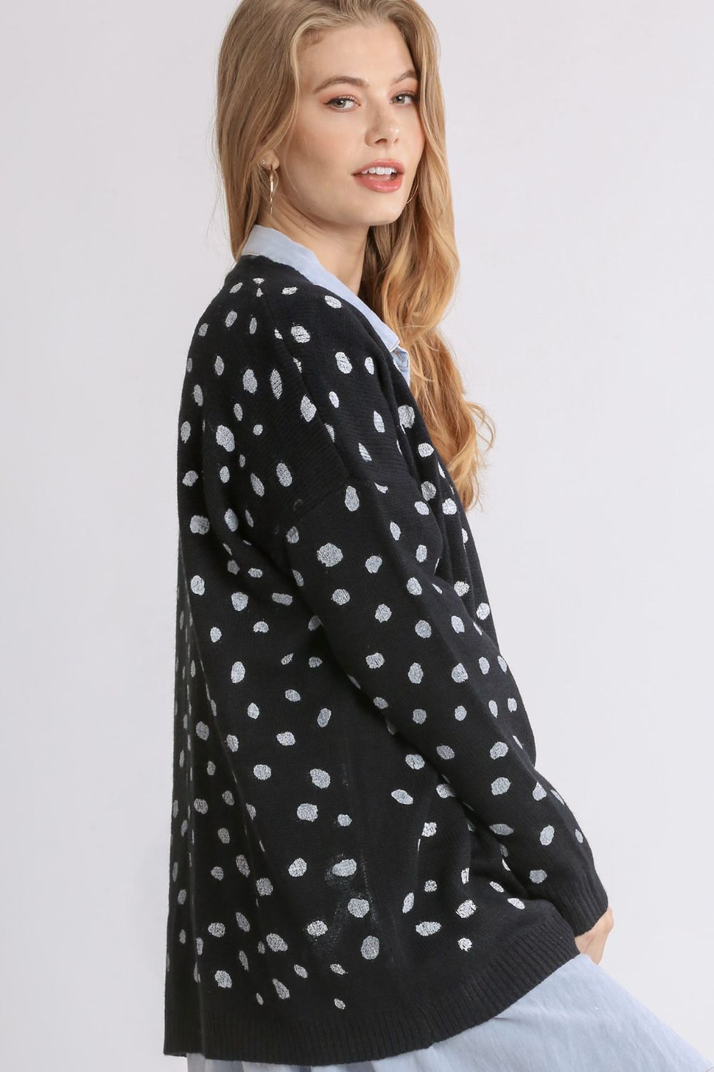 Umgee Polka Dot Open Front Drop Shoulder Cardigan - Cardigans - FITGGINS