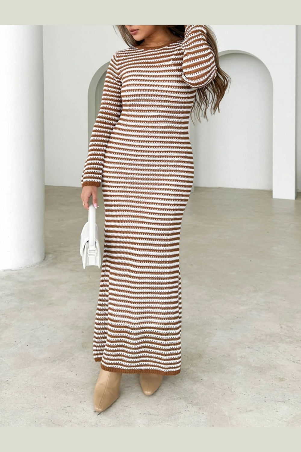 Devine Tied Round Neck Striped Sweater Dress - Sweater Dresses - FITGGINS