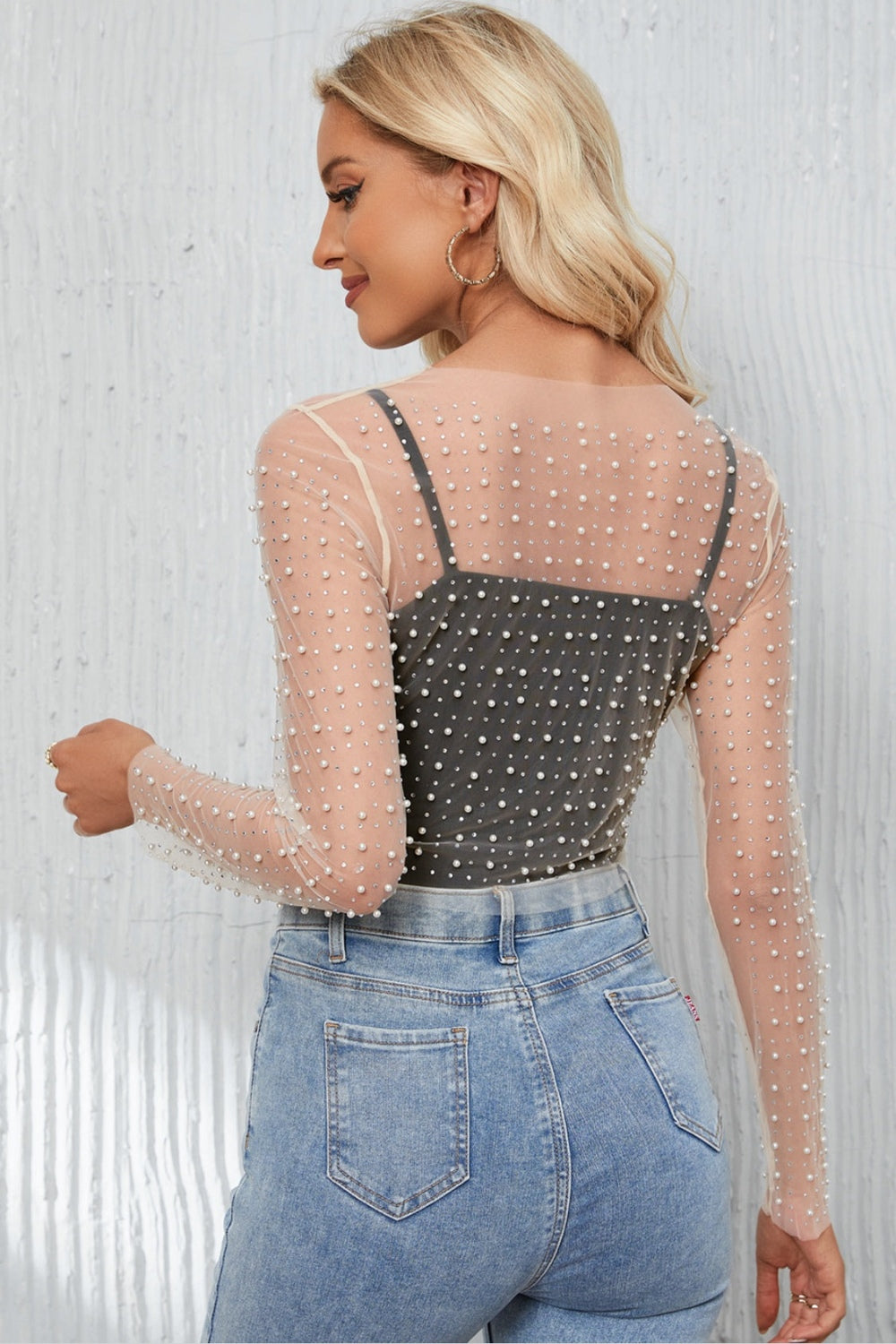 Pearl Long Sleeve Mesh Cropped Top - Blouses - FITGGINS