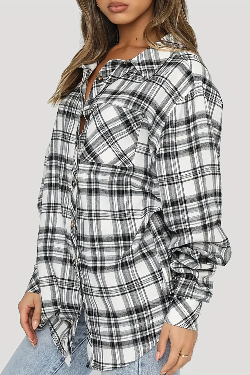 Plaid Collared Neck Long Sleeve Shirt - Shirts - FITGGINS