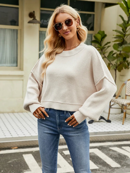 Round Neck Lantern Sleeve Sweater Cream Fitggins