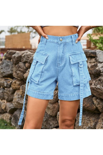 High Waist Denim Cargo Shorts - Denim Shorts - FITGGINS