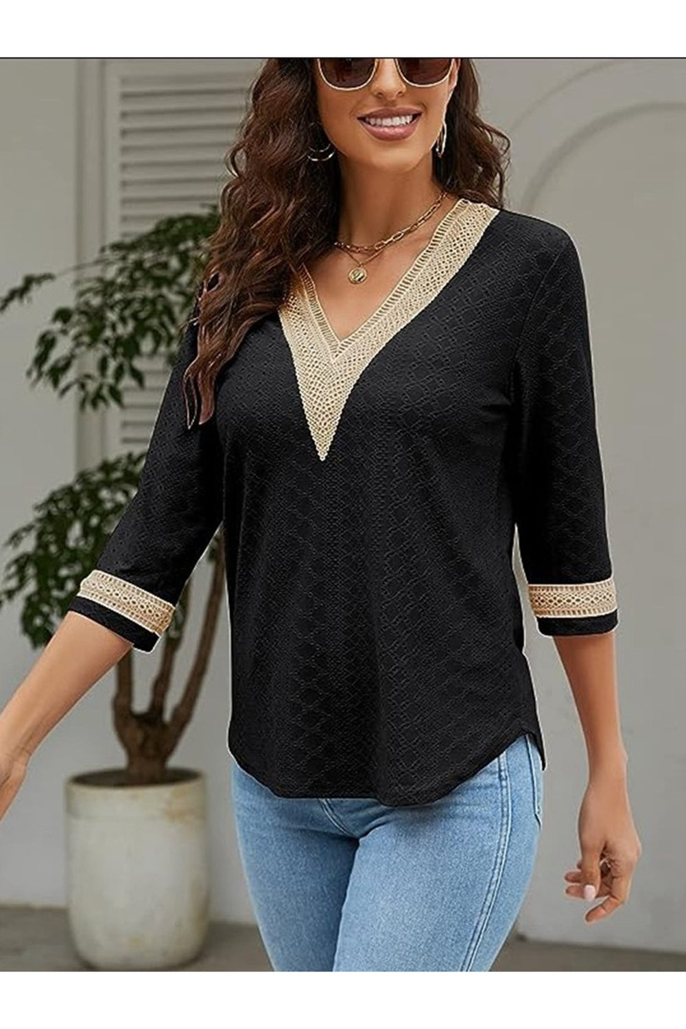 V-Neck Eyelet Blouse - Blouses - FITGGINS