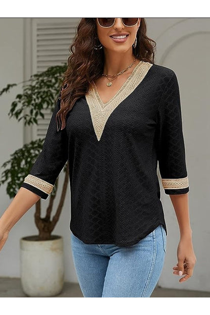 V-Neck Eyelet Blouse - Blouses - FITGGINS