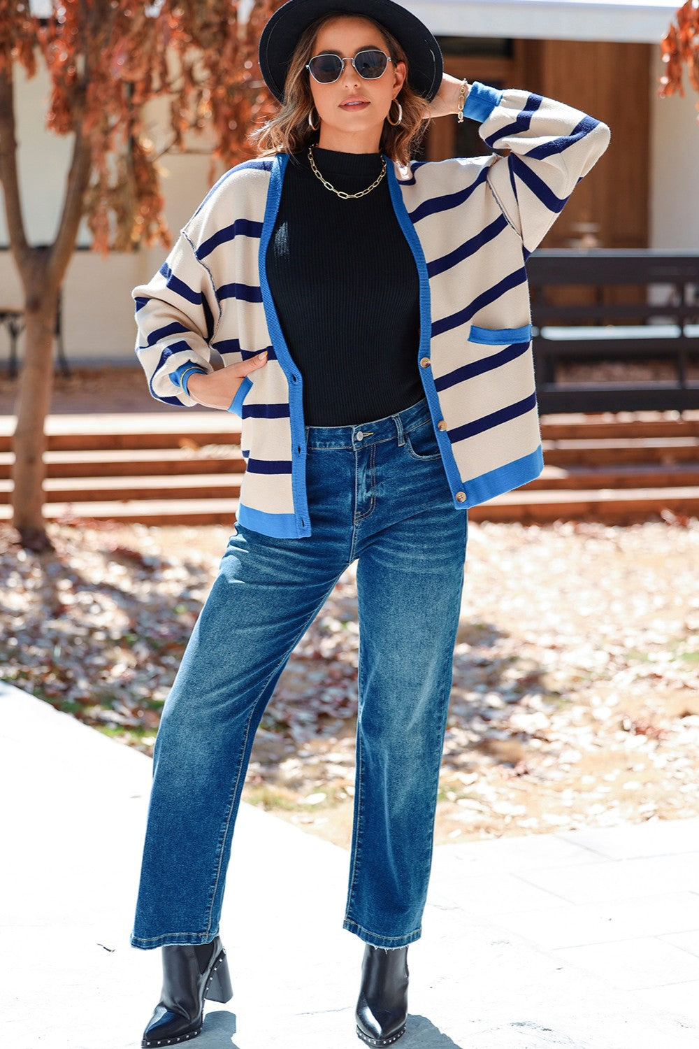 Striped Button Up Long Sleeve Cardigan - Cardigans - FITGGINS