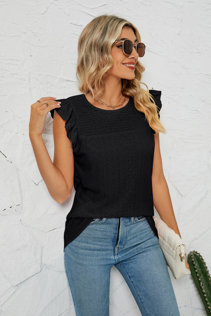 Smocked Round Neck Eyelet Top Fitggins