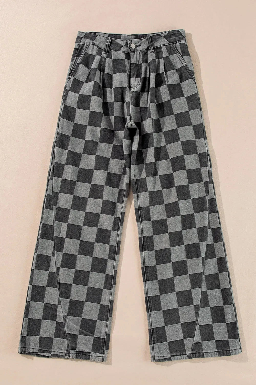 Checkered Wide Leg Jeans with Pockets - Jeans - FITGGINS