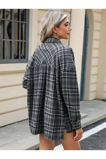 Pocketed Plaid Collared Neck Long Sleeve Shirt - Shirts - FITGGINS