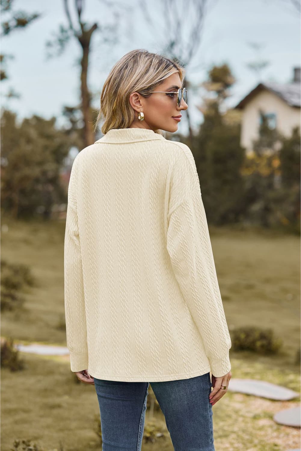 Collared Neck Cable-Knit Long Sleeve Blouse Fitggins