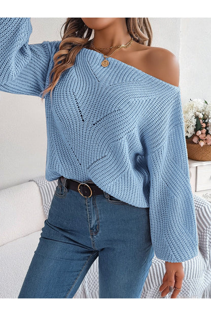 Openwork Long Sleeve Sweater - Pullover Sweaters - FITGGINS