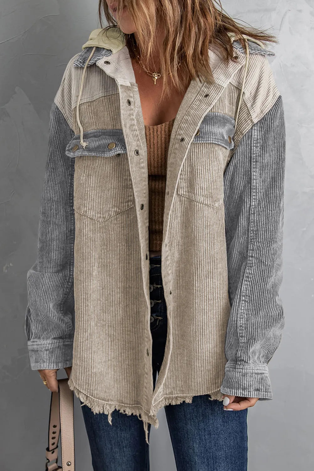 Snap Front Hooded Corduroy Shacket Tan Fitggins