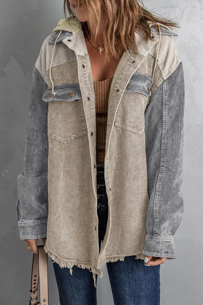 Snap Front Hooded Corduroy Shacket Tan Fitggins