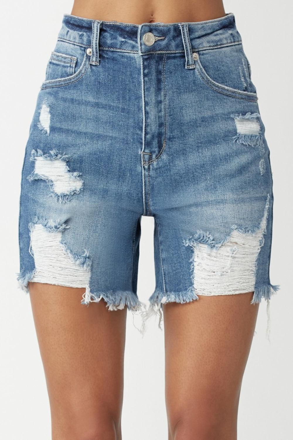 RISEN High Waisted Distressed Denim Shorts - Denim Shorts - FITGGINS