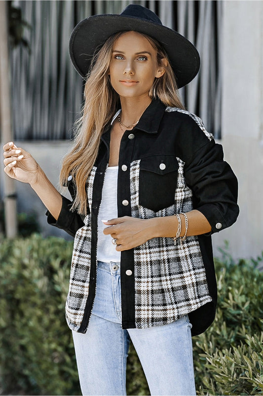 Plaid Pocketed Button Up Denim Jacket - Denim Jackets - FITGGINS