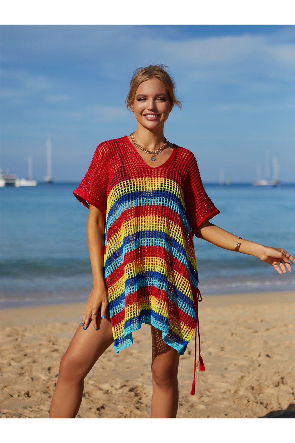 Cutout Striped Cover-Up with Tassel - Cover-Ups - FITGGINS