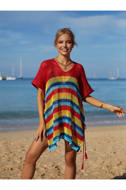 Cutout Striped Cover-Up with Tassel - Cover-Ups - FITGGINS